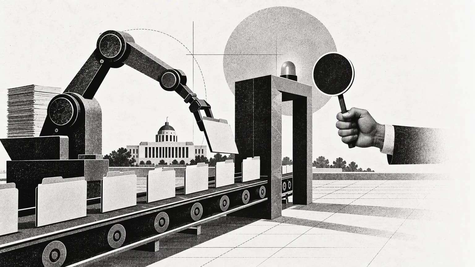 A robotic arm moving a file along a track that stops at a human review gate