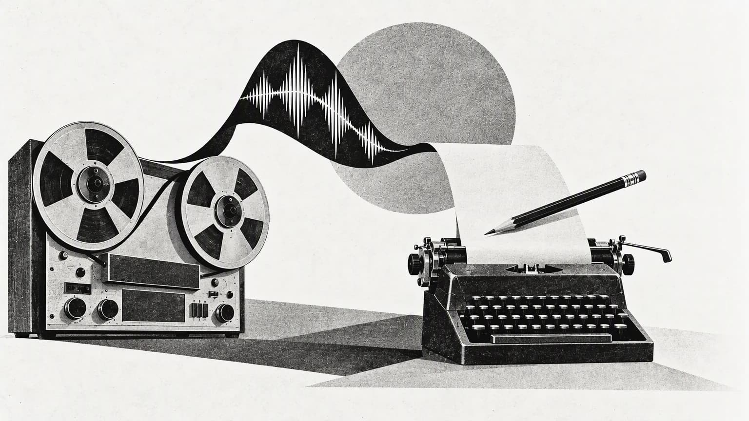 An audio tape turning into a typewritten sheet and a reviewing pen, in a 1960s collage style