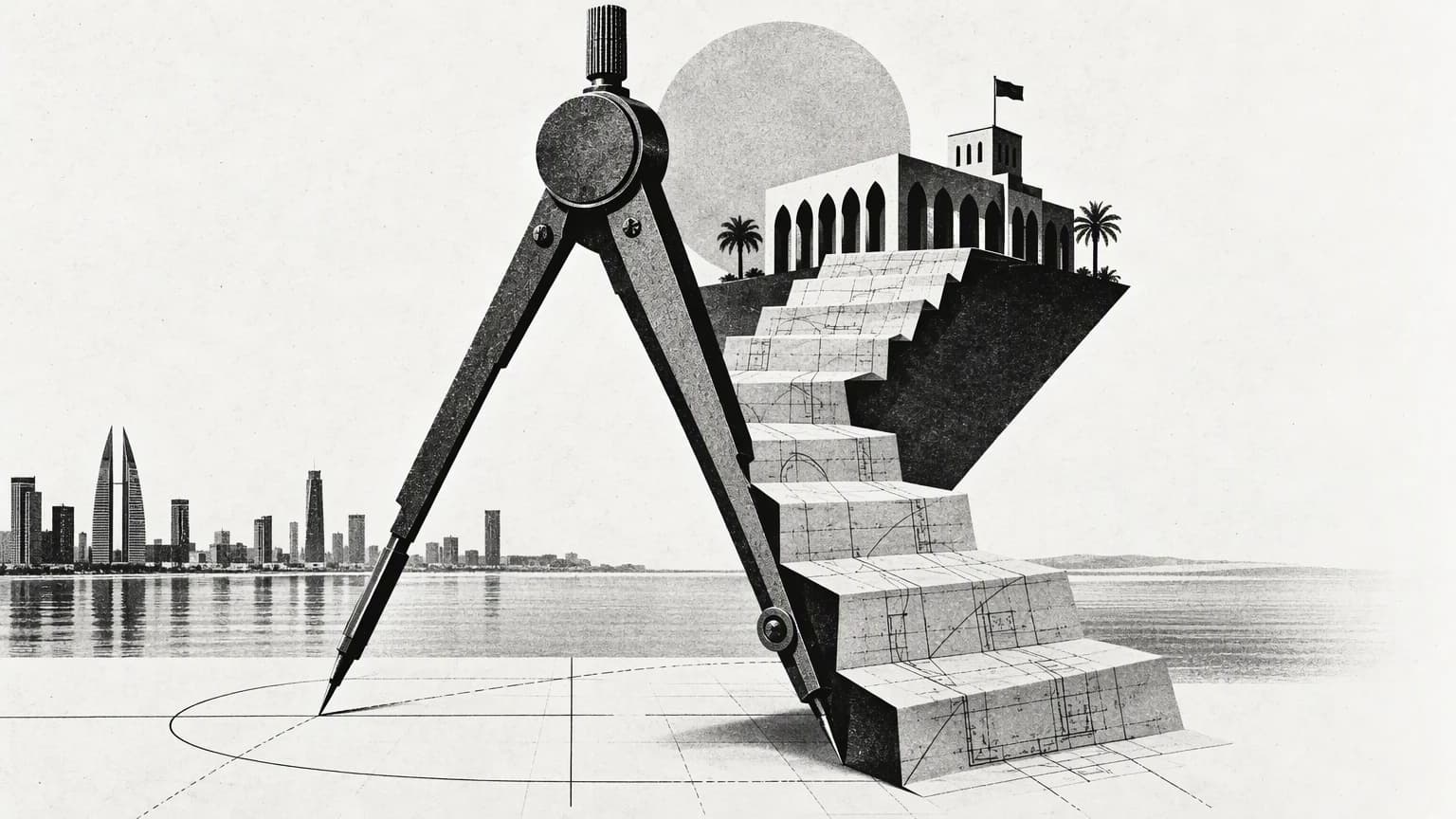 Black-and-white collage of an engineering compass and a staircase of blueprints rising towards a stylised civic building