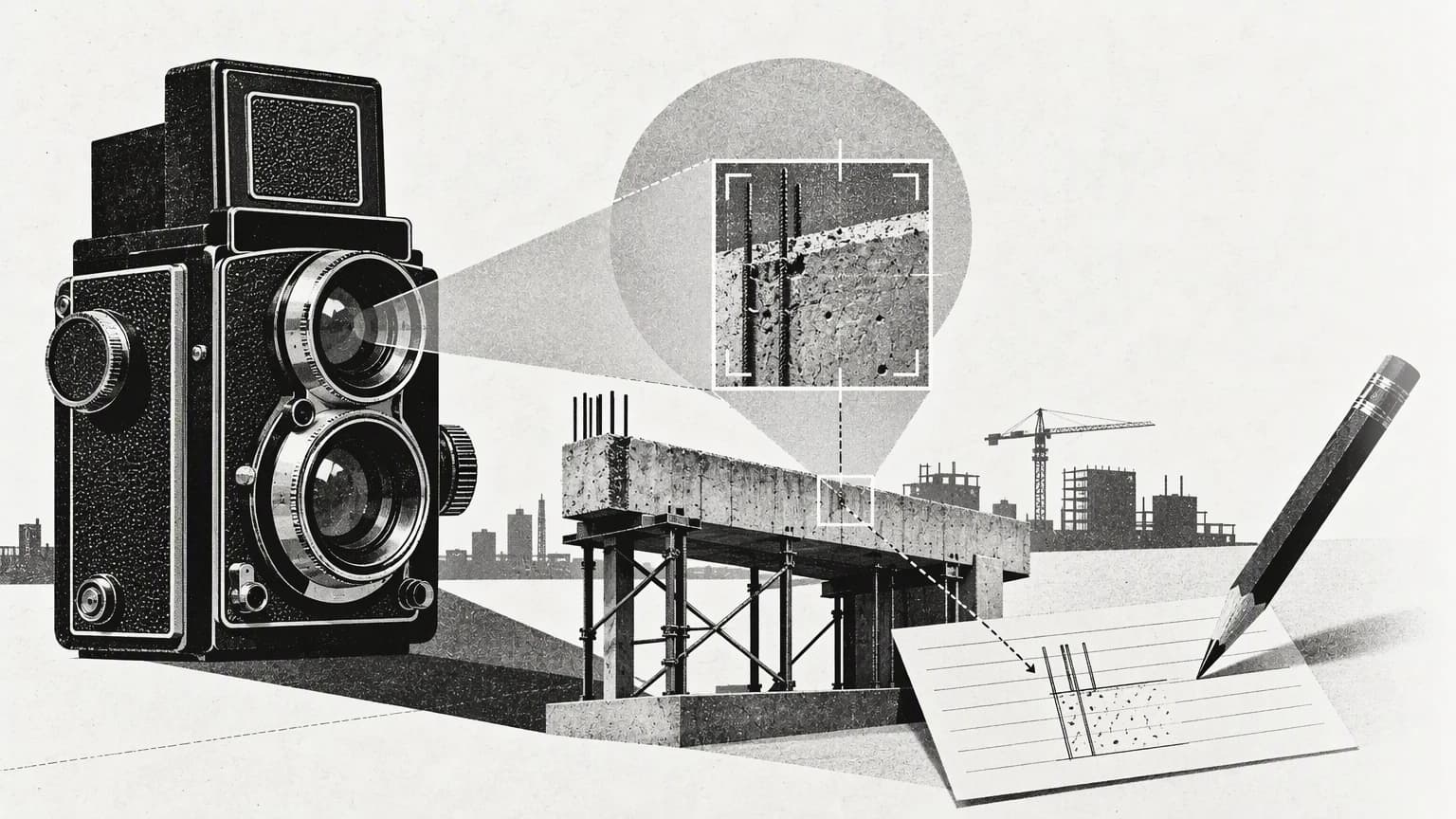 A vintage camera and a viewing lens linking structural details to an engineering notes card