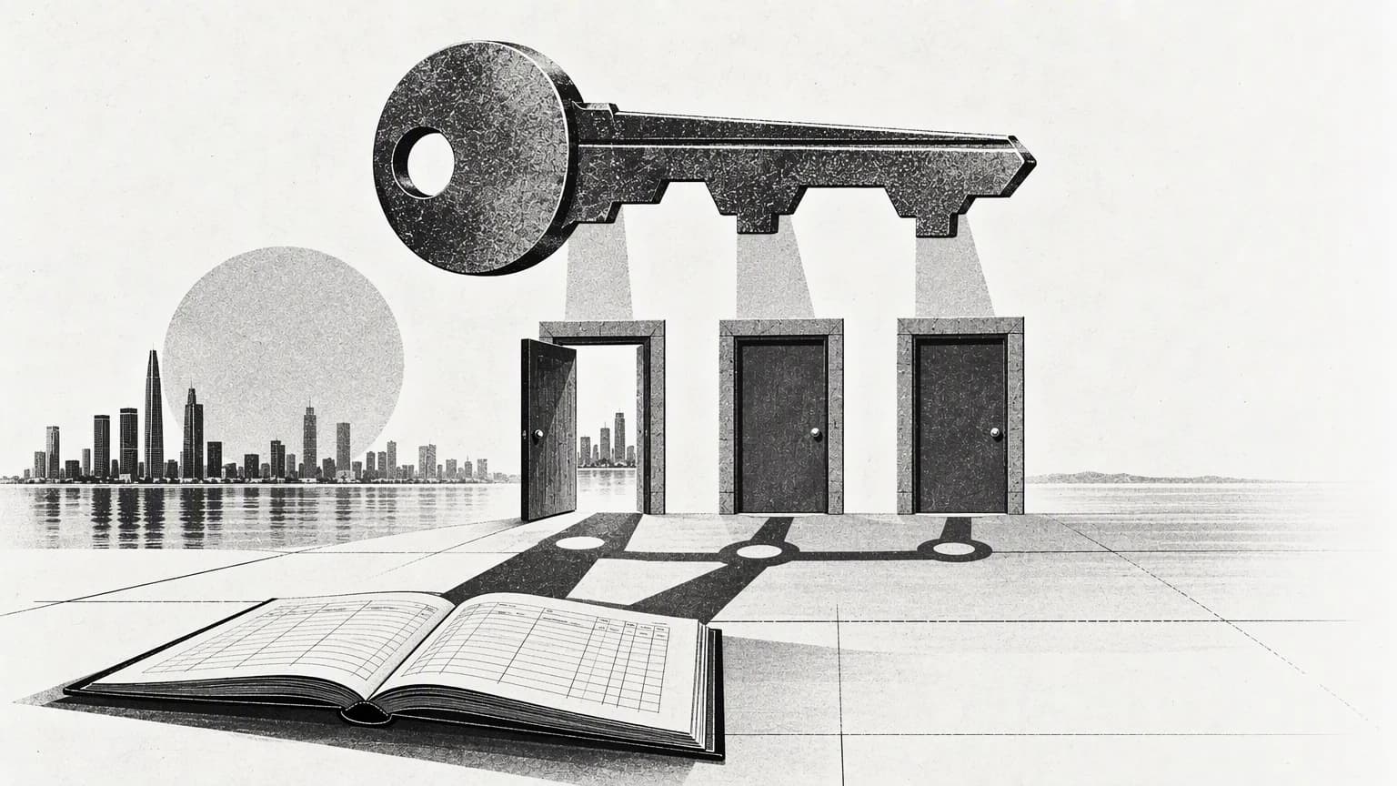 A large key, archive doors and a tracking log symbolising access rights and management responsibility
