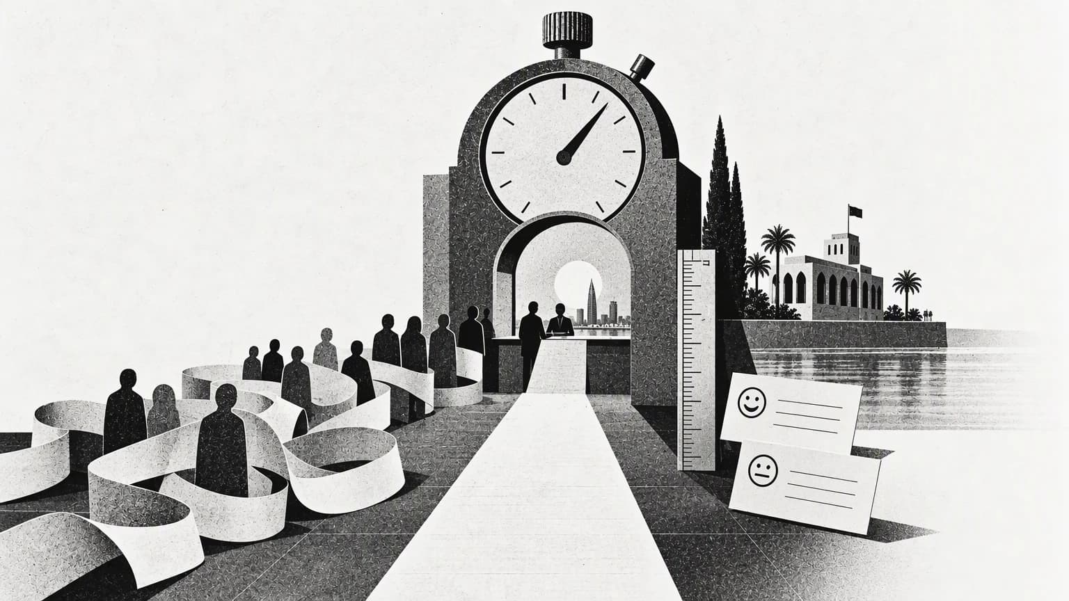 A stopwatch inside a service window and a waiting queue that turns into a clear road, representing the measurement of an improvement's impact