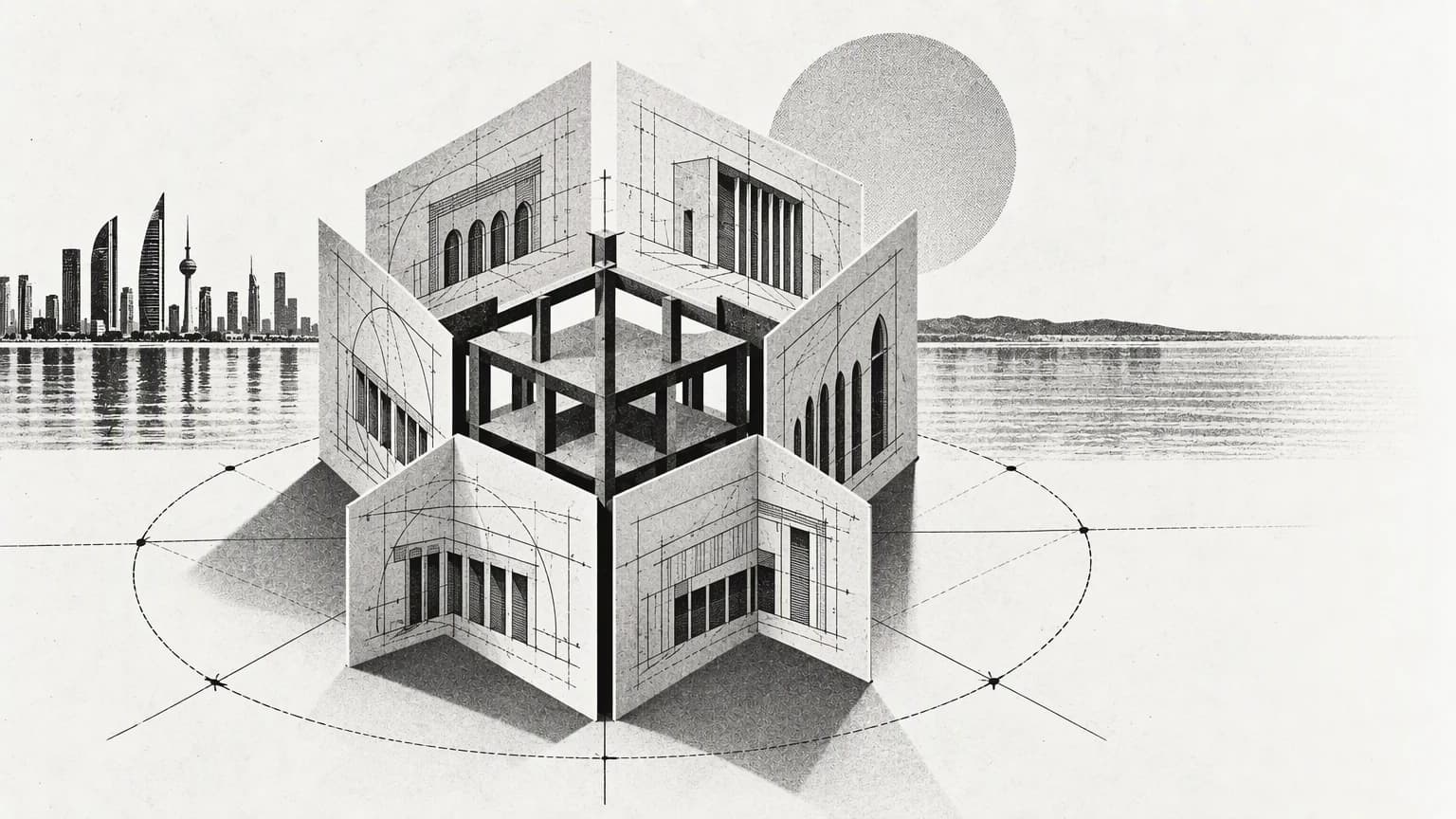 Six paper plans fitting together into a single architectural structure, symbolising the GCC Building Code