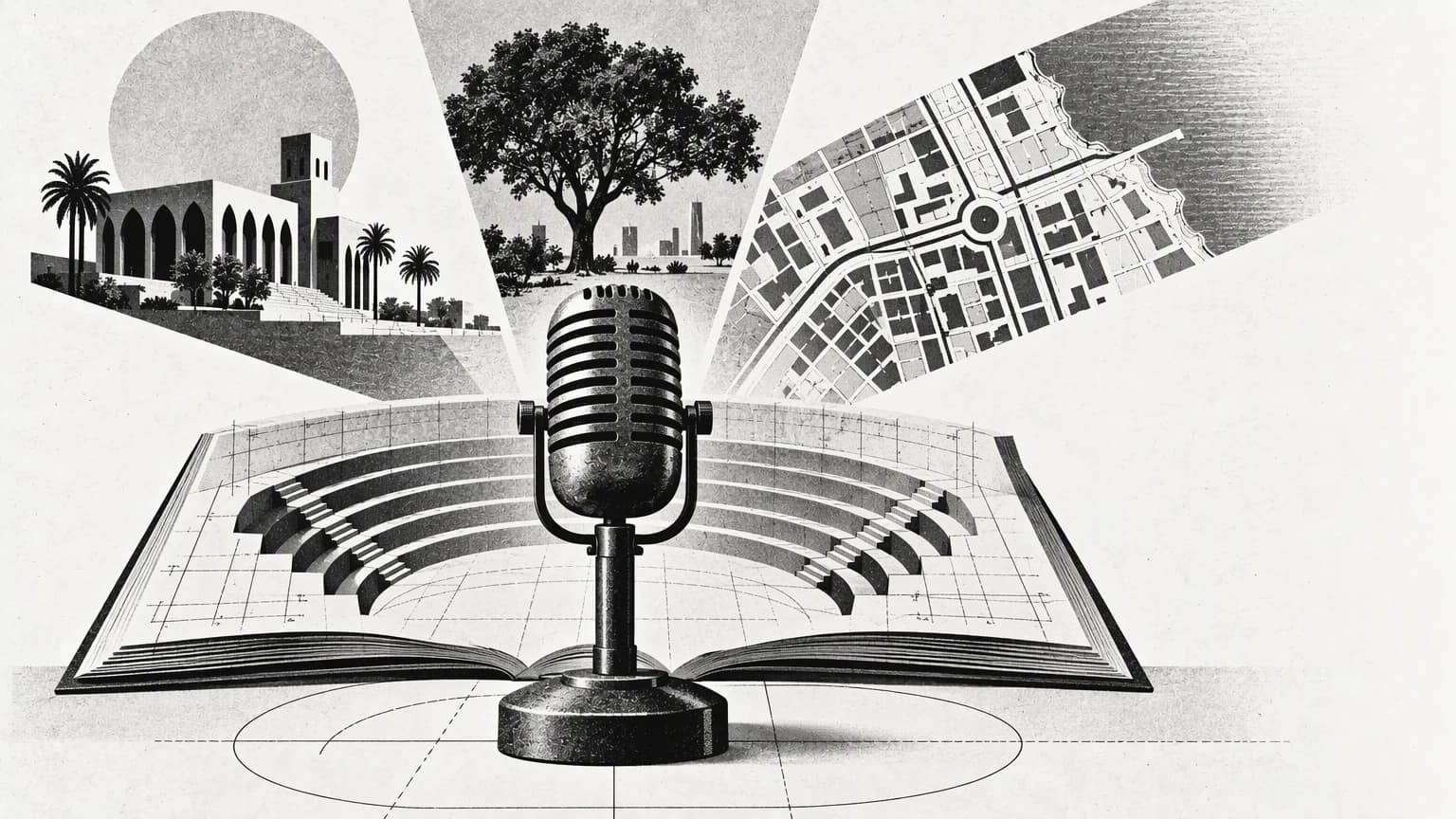 A classic microphone and architectural pages opening out like a discussion hall for the municipal scientific programme