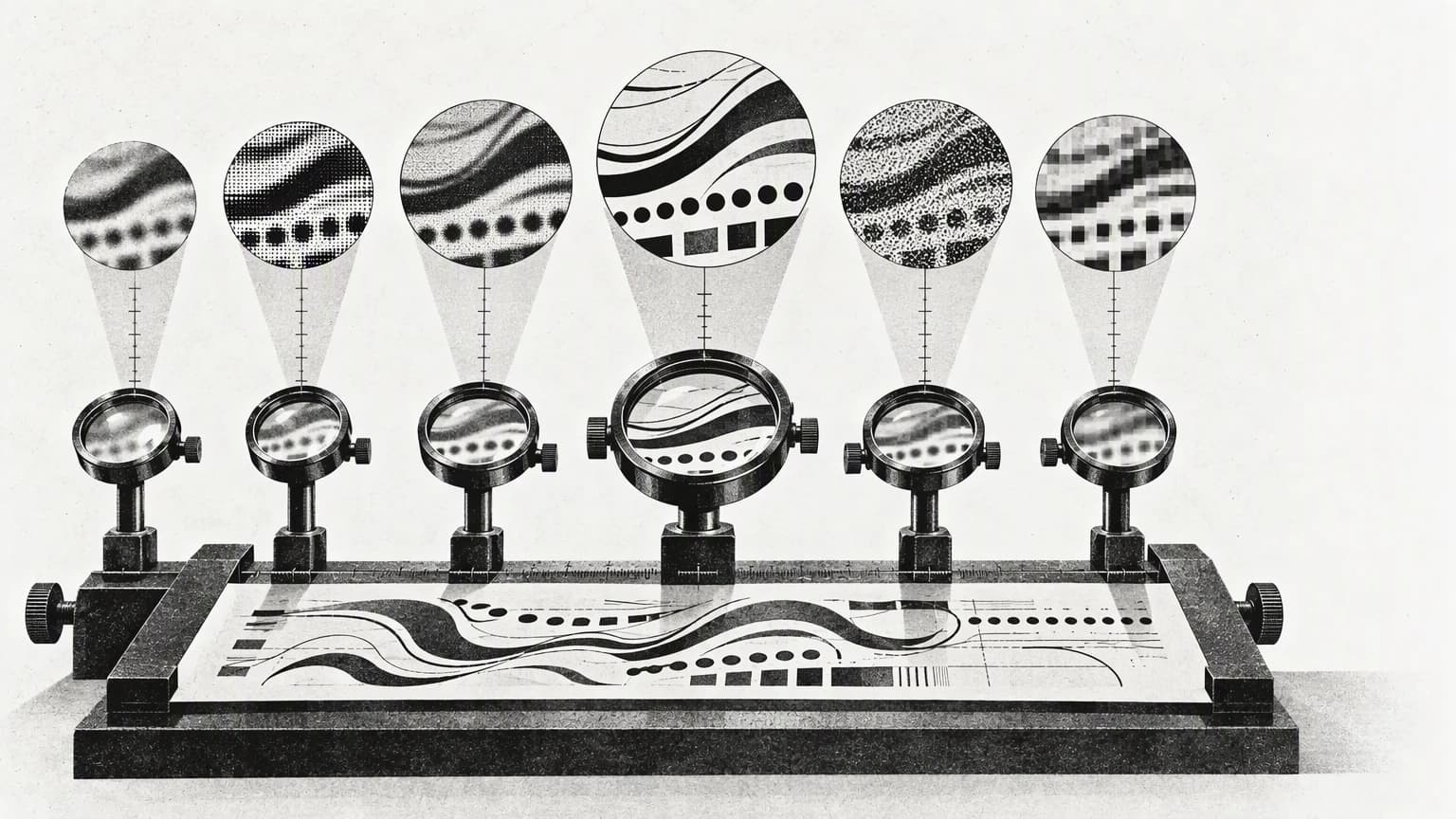 Six test lenses examining a single sheet of paper, depicting the evaluation of language models on the same task