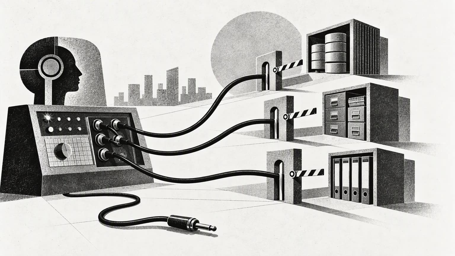 A vintage switchboard connecting systems through cables and separate permission gates