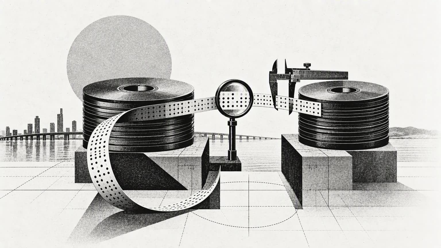 Data discs and a punched tape passing through a test checkpoint, then returning along a safe rollback path
