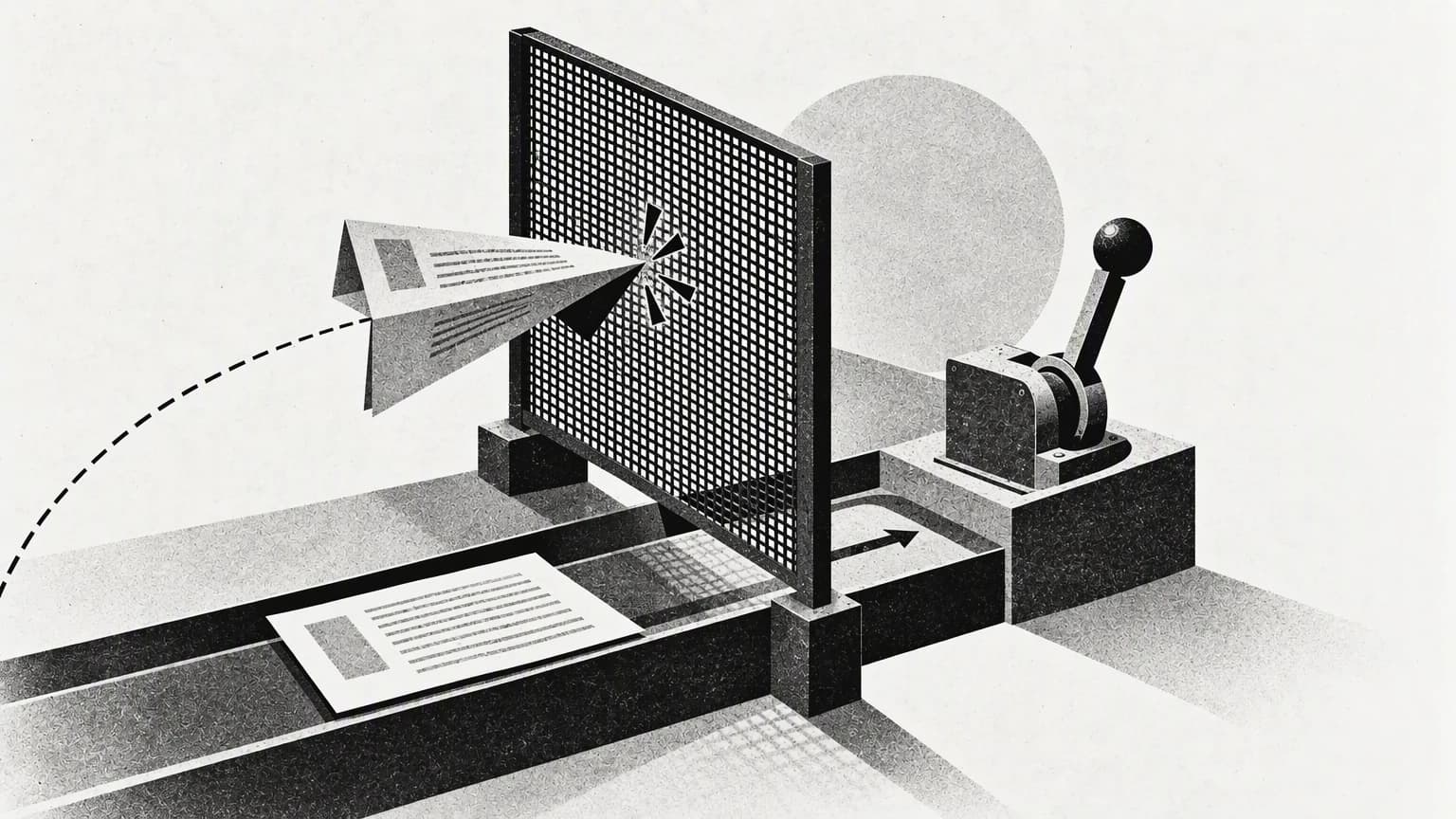 An arrow from a folded sheet of paper stopping at a barrier that separates reading documents from executing commands