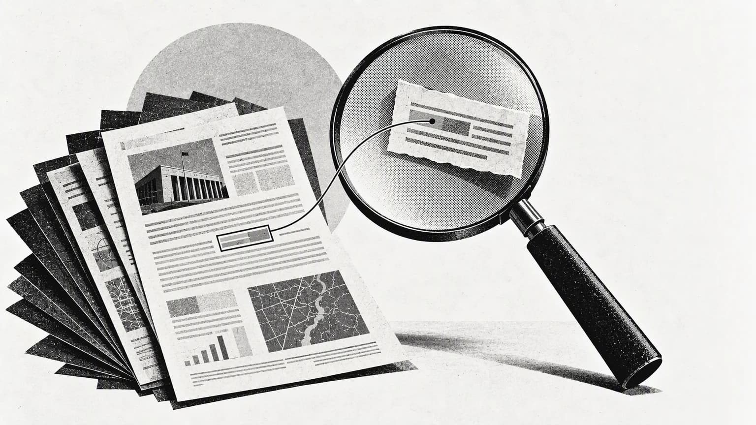 A magnifying glass lifting an extract from a document, with a clear thread leading it back to its place in the source
