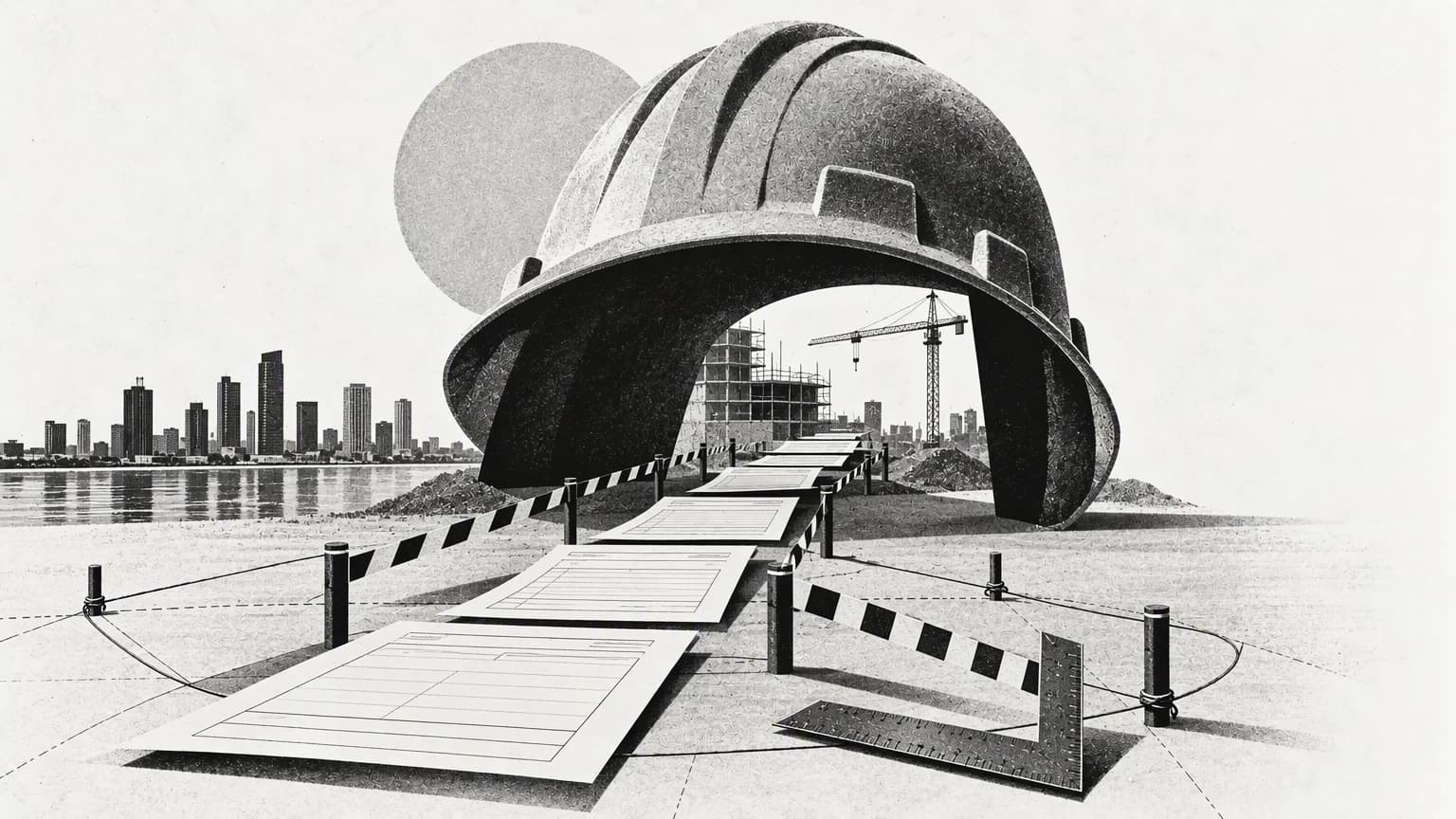 A safety helmet above a trail of permit papers and the boundary of a construction site, in a 1960s print style