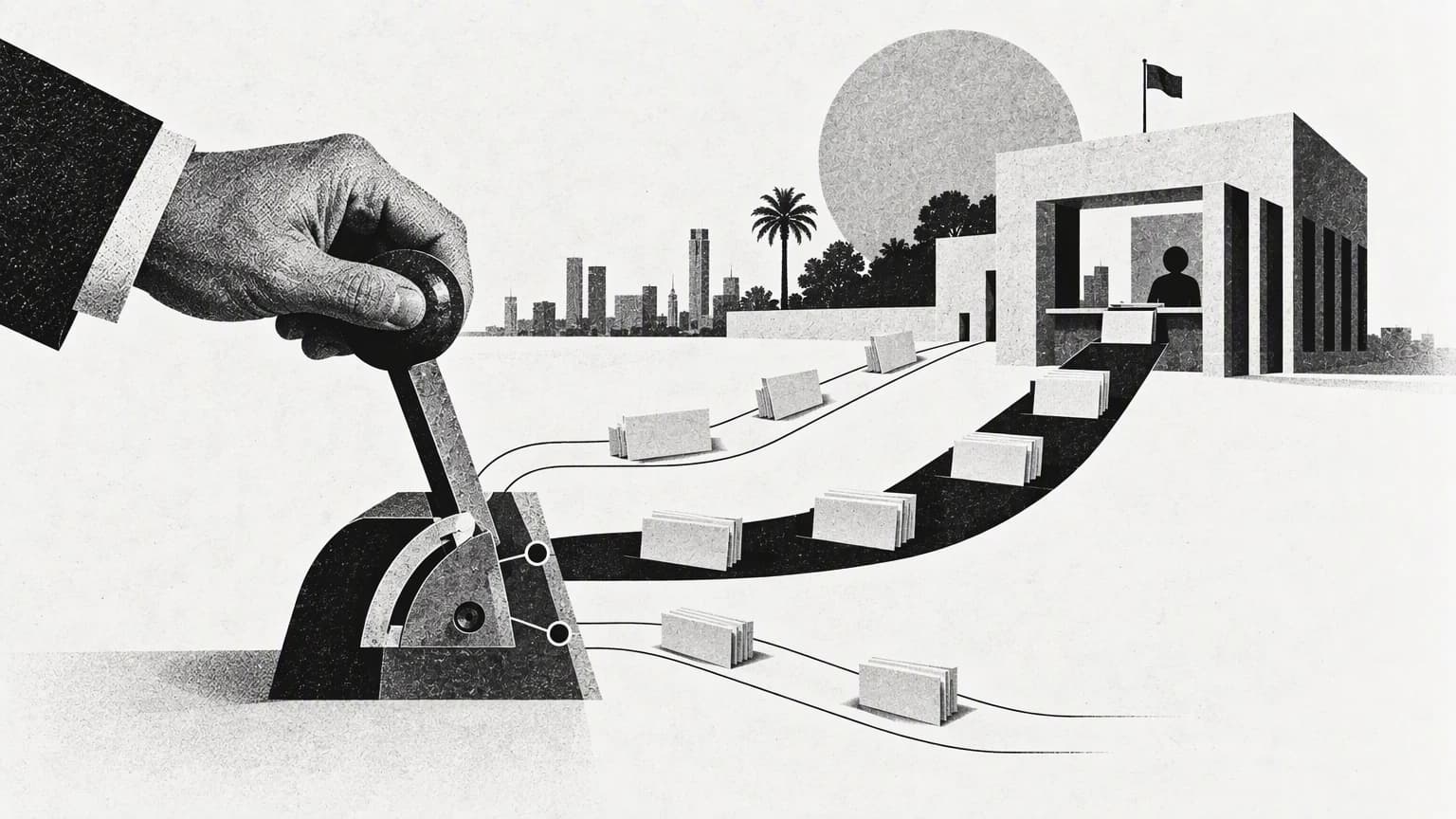 An analogue control switch directing a stream of requests towards a service window, in a black-and-white collage