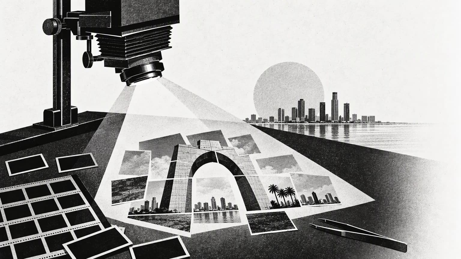 A magnifying glass highlighting paper cut-outs that come together to form a new editorial cover