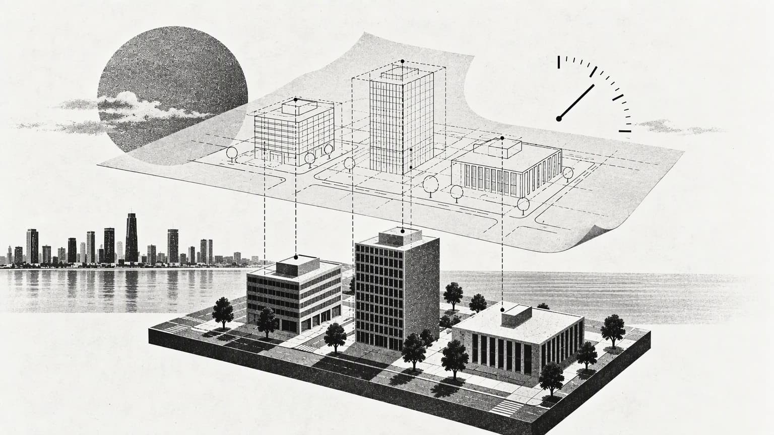 A model of a city and its matching schematic copy, with lines linking the buildings to their data