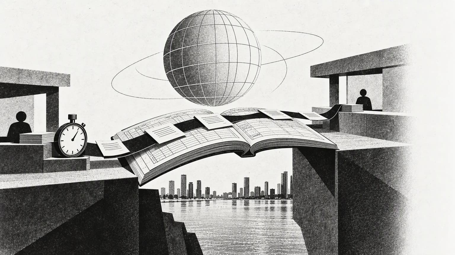 A permits ledger turning into a bridge between two entities, with a line-drawn globe symbolising international dialogue